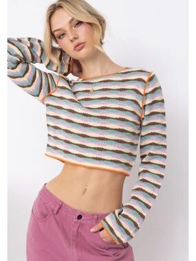 Striped Multi-Color Long-Sleeve Crop Top with Orange Trim